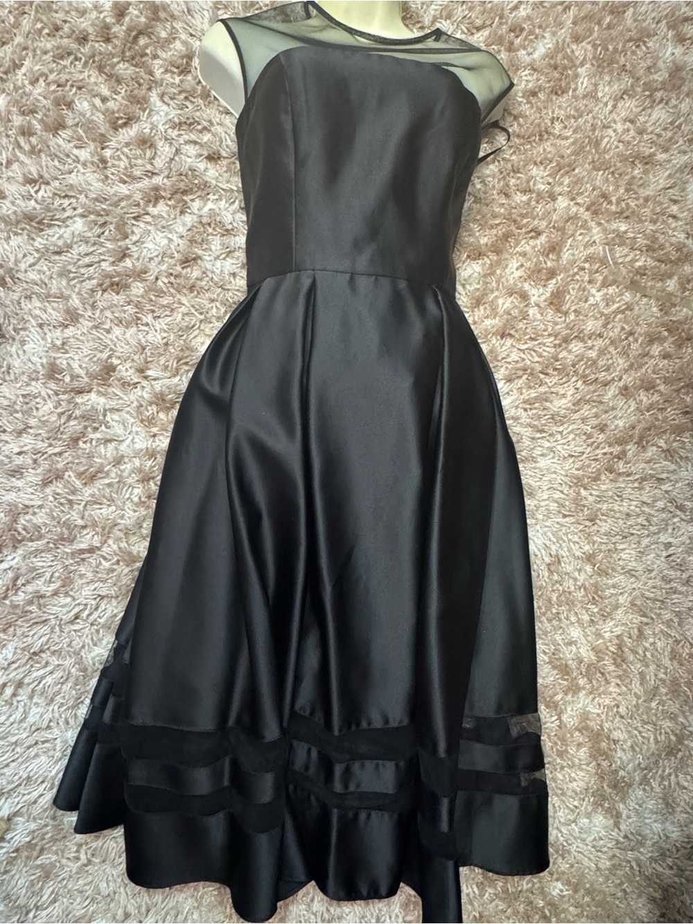 Adam Black Midi Fit-and-Flare Dress with Sheer Yoke